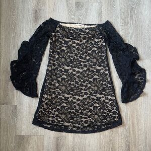 Caramela Black Lace Detail dress off the shoulder size small sexy ruffle sleeve